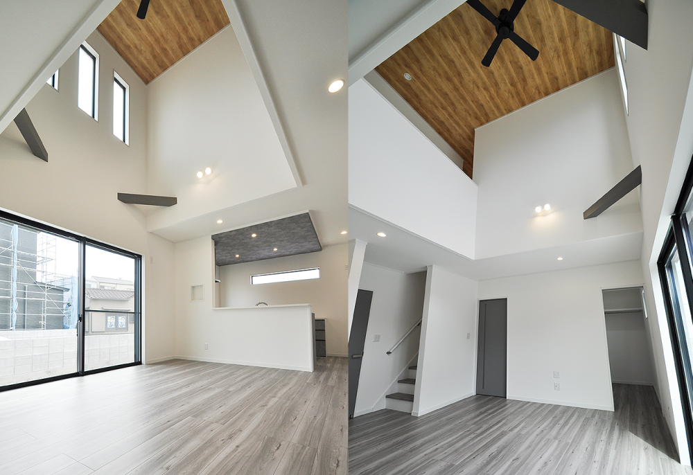 吹抜けと大窓で明るく開放的なリビングダイニング