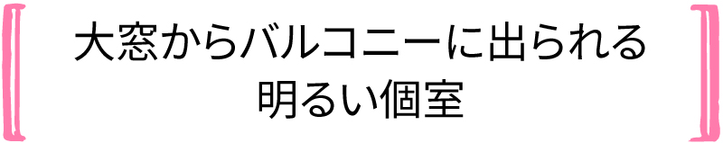 大窓からバルコニーに出られる明るい個室