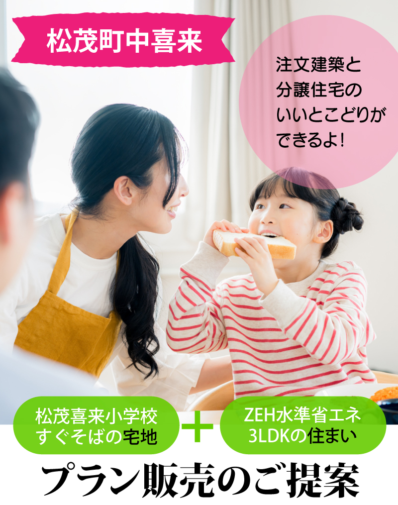 【松茂町中喜来】土地建物セットプラン。注文建築と分譲住宅のいいとこどりができるよ！松茂喜来小学校すぐそばの宅地。ZEH水準省エネ3LDKの住まい。土地建物プラン販売のご提案。