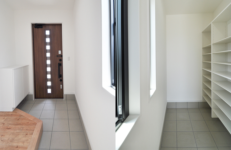 奥行のある玄関と大容量のシューズクローク