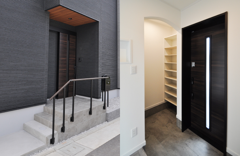 重厚な玄関と木の温もりにやさしいアール