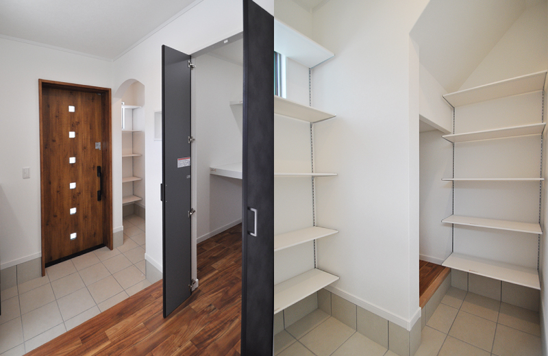 奥に続くシューズクロークと大容量のファミリークローゼット